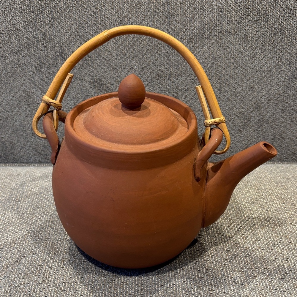 Rustic Brown Clay Teapot with Bamboo Handle